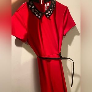Red ELLE dress with Black Collar. Black Belt. Size 10
